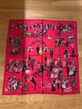 Hermes Red Multicolor Silk Scarf with Vintage Parisian Scene